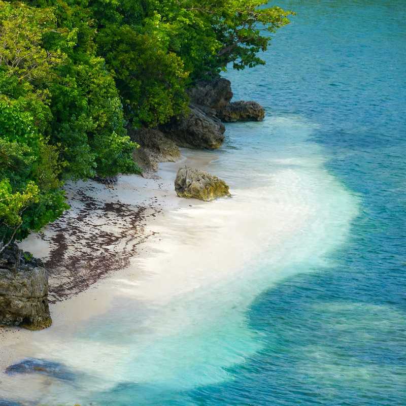 Small white-sand cove with turquoise water, rocks and green trees near Sipalay and Danjugan Island in Negros Occidental