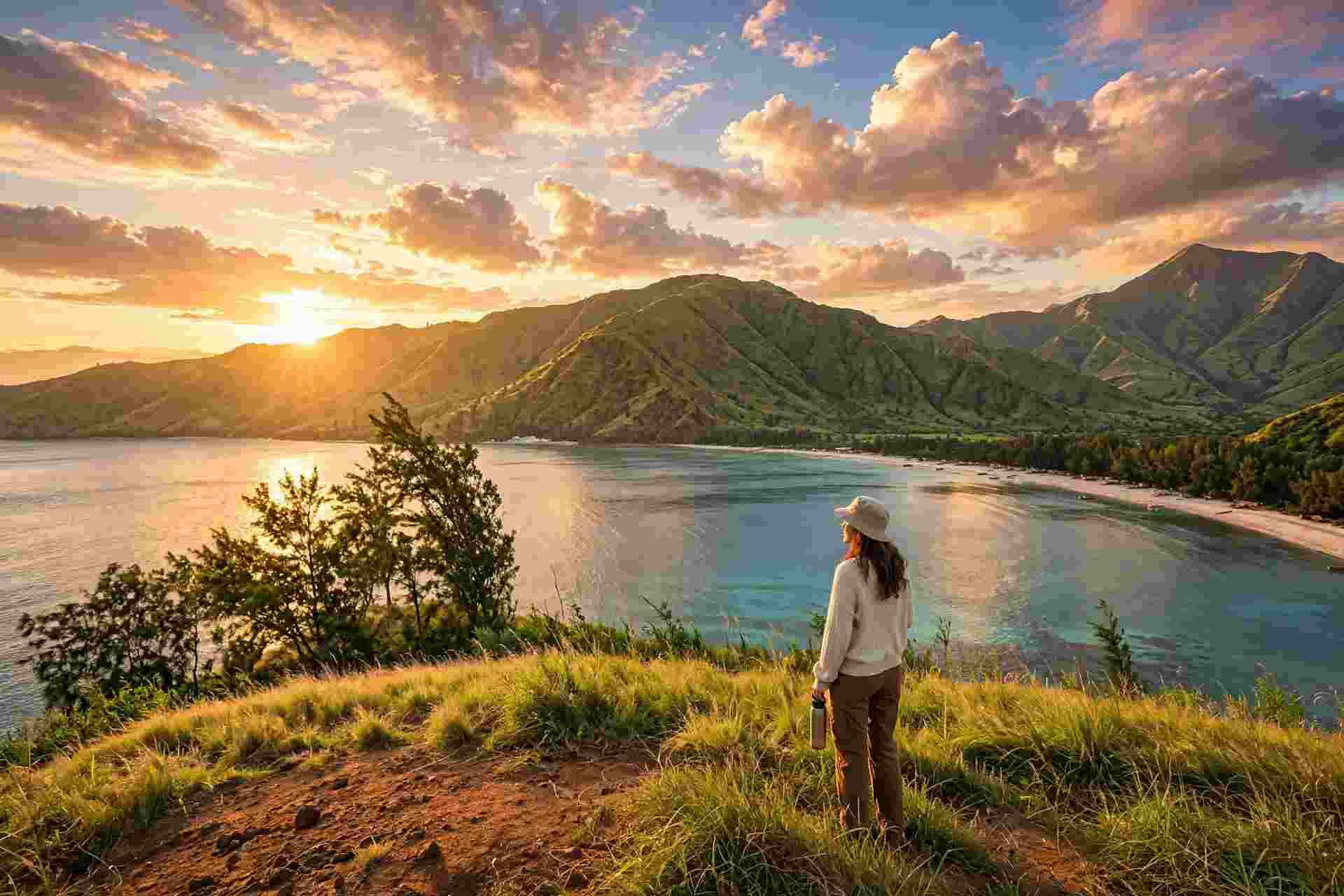 Woman in a wide-brimmed hat looking out over a turquoise bay toward a sandy shore lined with trees and green hills at sunset