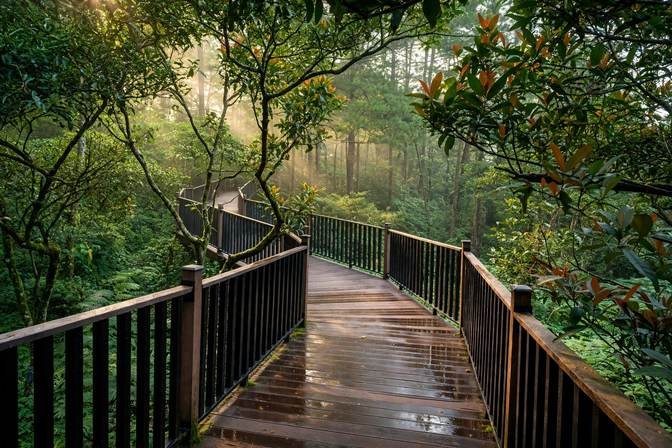 Wooden boardwalk with railings winding through a misty pine forest in Baguio, with morning light filtering through the trees