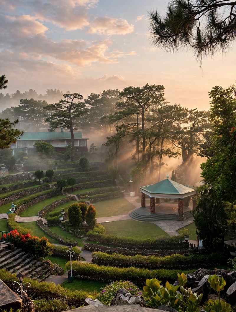 Misty pine trees and a gazebo in the terraced Bell Amphitheater at Camp John Hay, Baguio, at sunrise