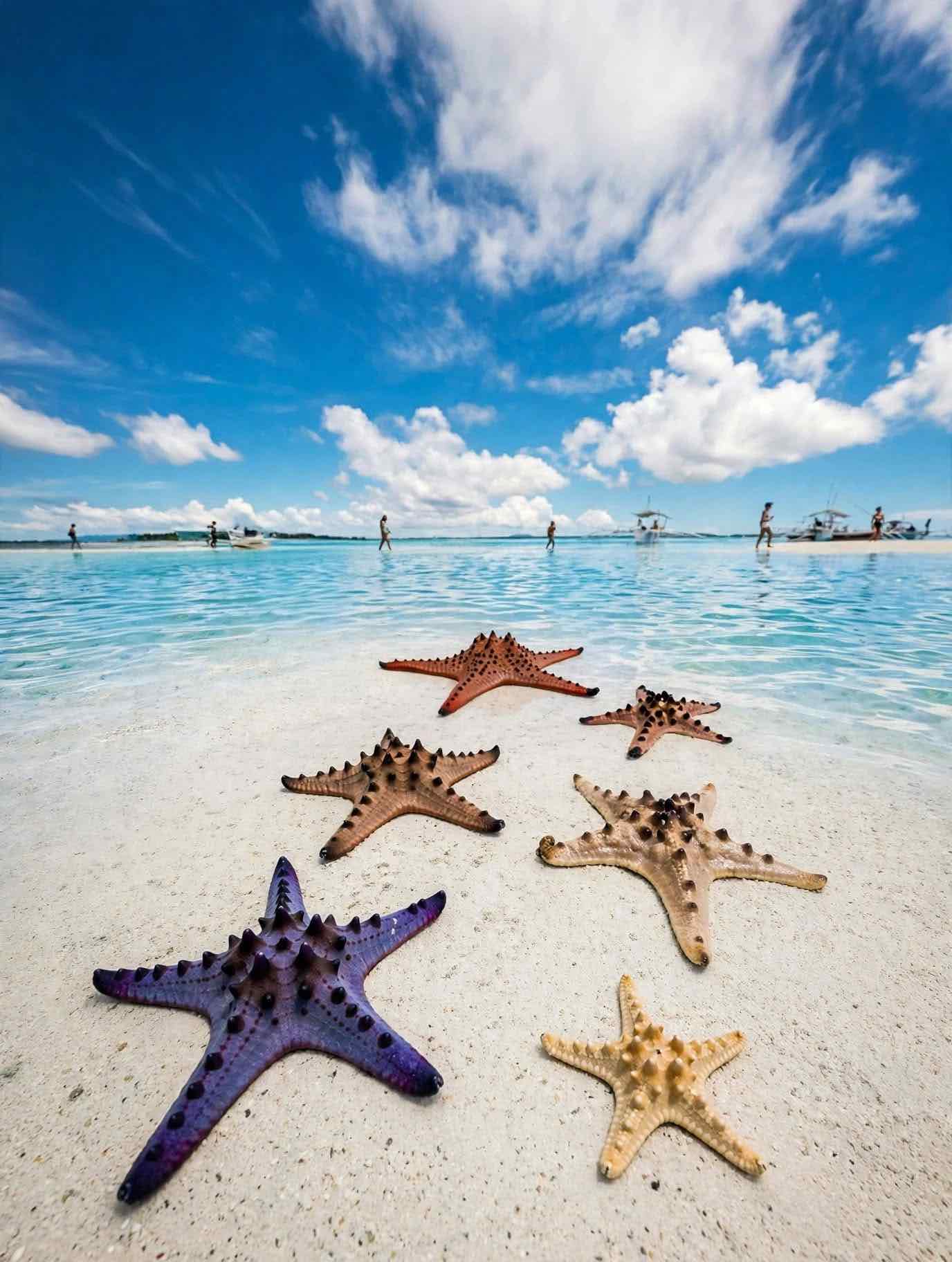 Starfish on a white sandbar in shallow water off Panglao, Bohol