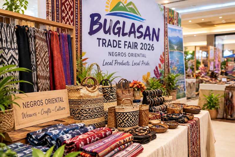 Woven bags, textiles and handcrafted accessories on display at a Buglasan Trade Fair 2026 booth