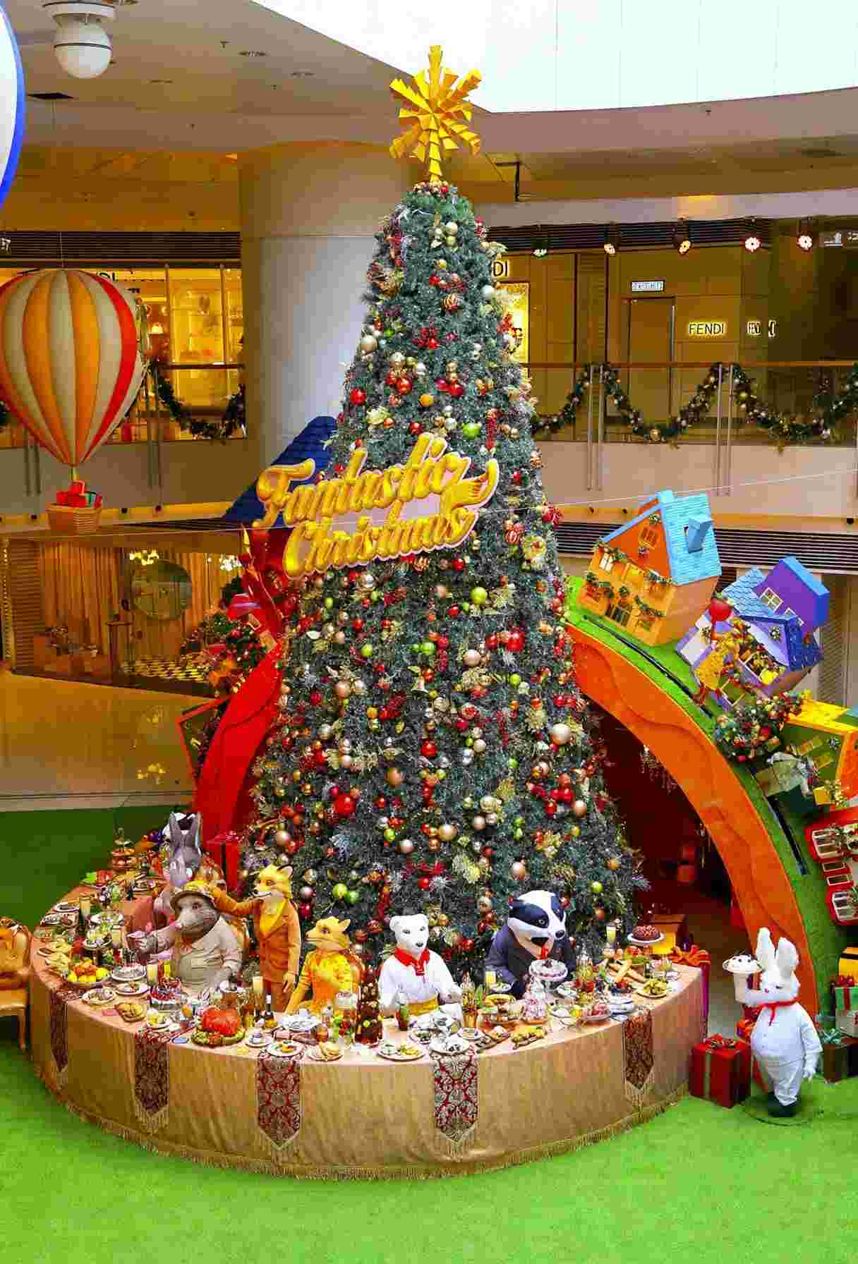 Christmas tree and holiday display inside a shopping mall