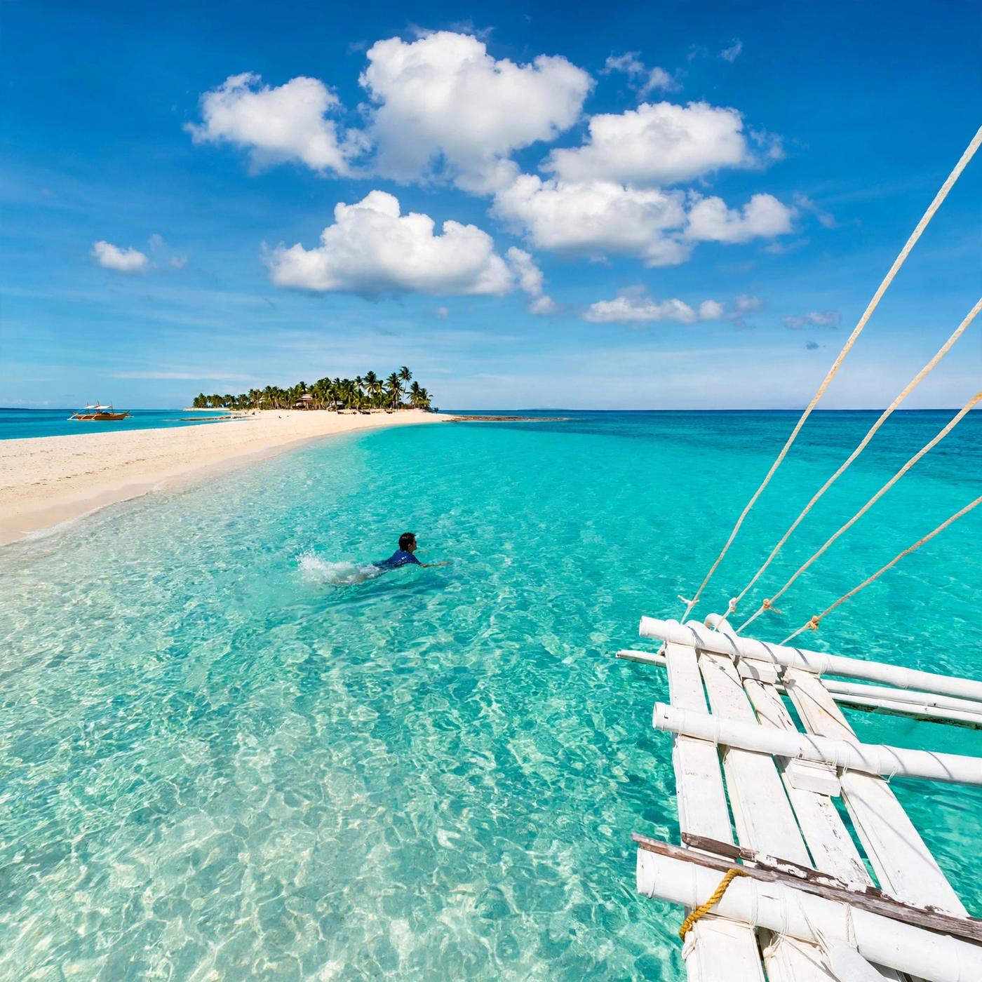 Swimmer in clear turquoise water beside a long white-sand spit, seen from the bamboo outrigger of an island-hopping boat
