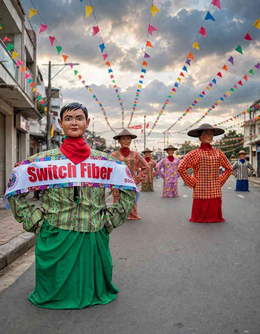 Giant papier-mâché higantes in colourful costumes lined up along a street strung with bunting in Angono, Rizal