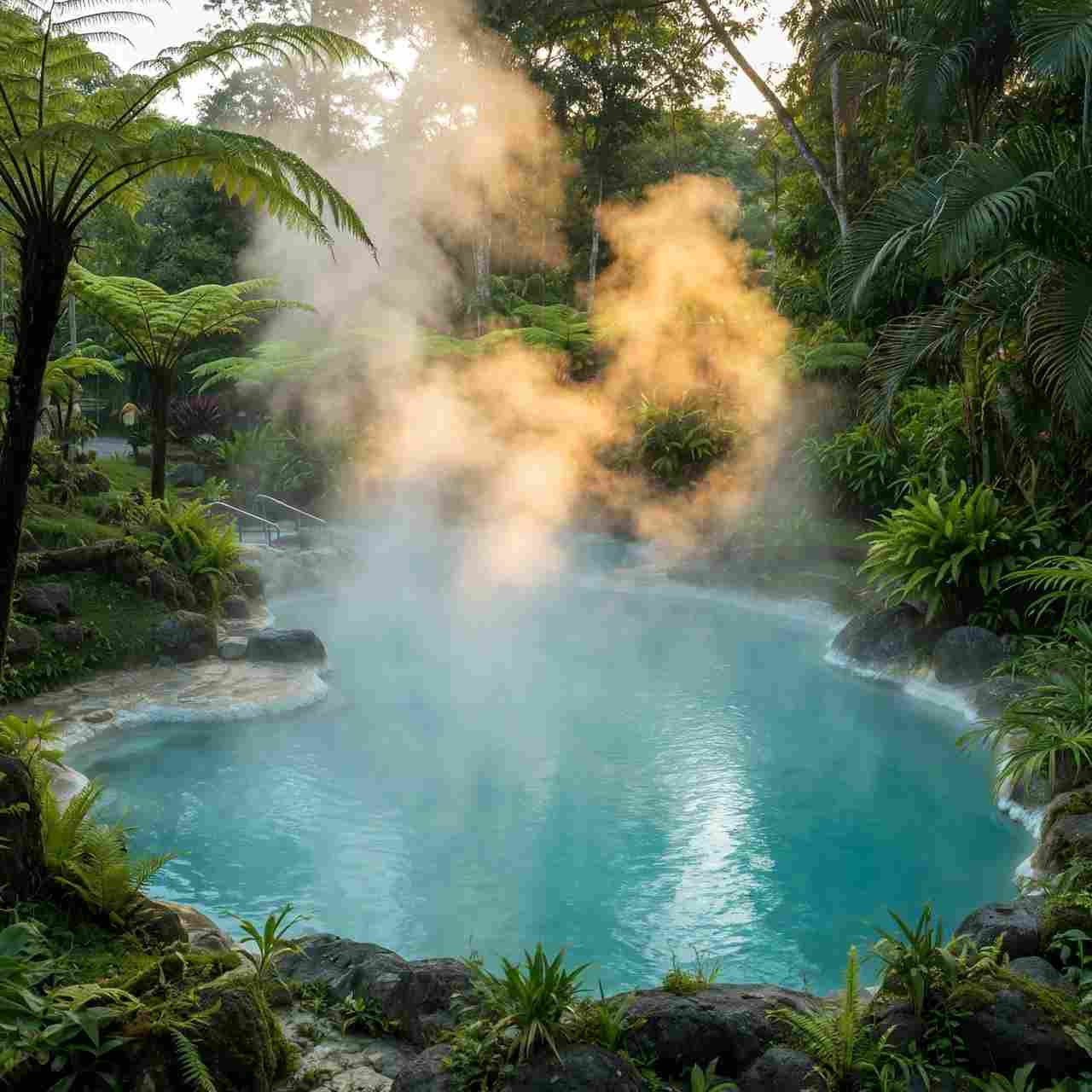 Steam rising over a turquoise hot spring pool ringed by dark rocks, tree ferns and tropical plants in early morning light
