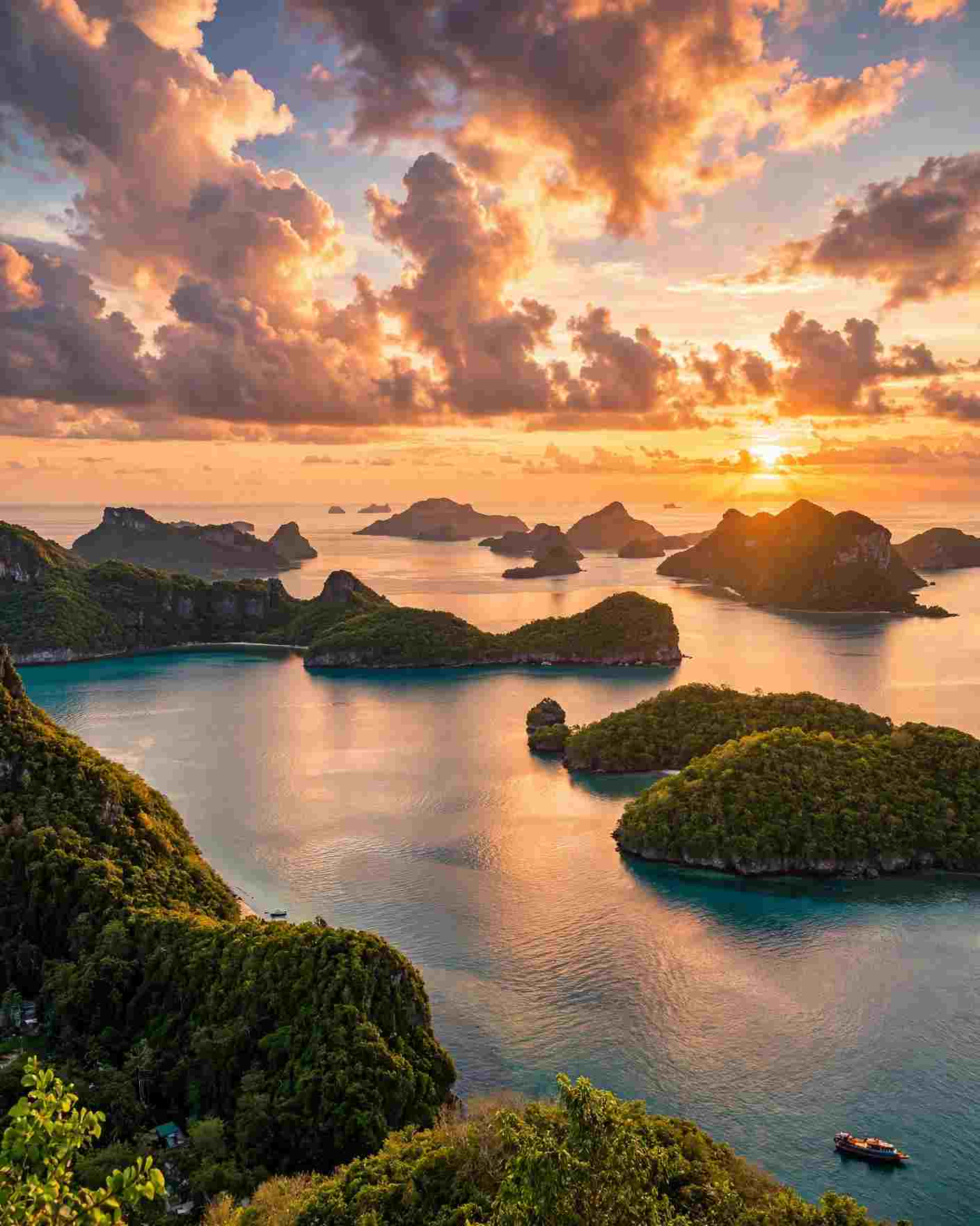 Sunset over forested limestone islands in calm blue-green water, with a small boat in the foreground