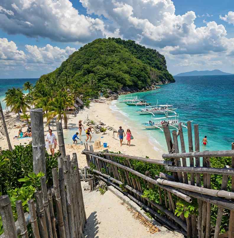 Bamboo-fenced path leading down to a white-sand island beach with outrigger boats and a forested hill at Gigantes Islands
