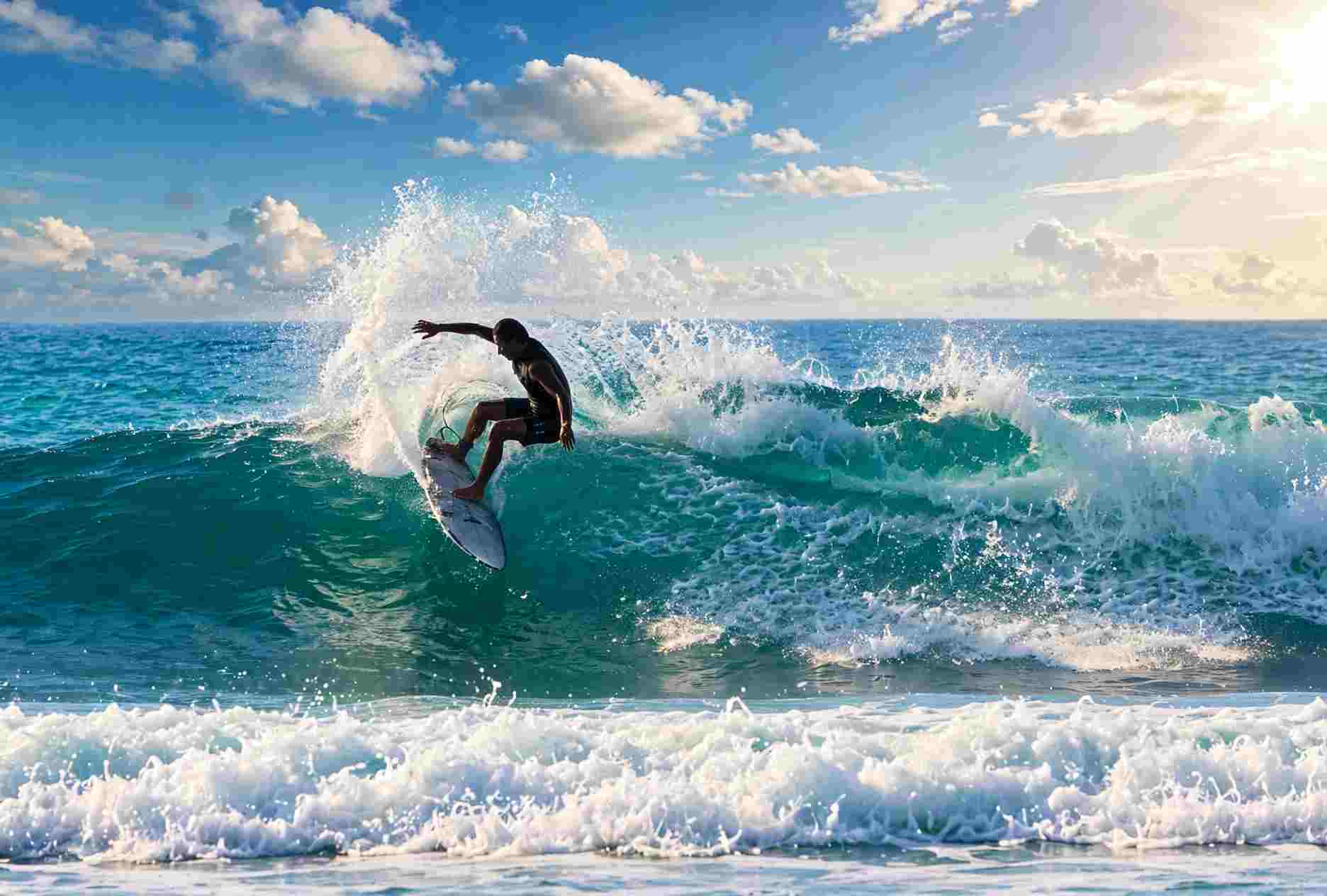 Surfer carving a turquoise wave under a bright sky, spray lifting off the crest