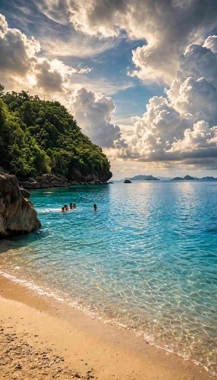 Clear turquoise water and swimmers below a forested headland, with small islands on the horizon