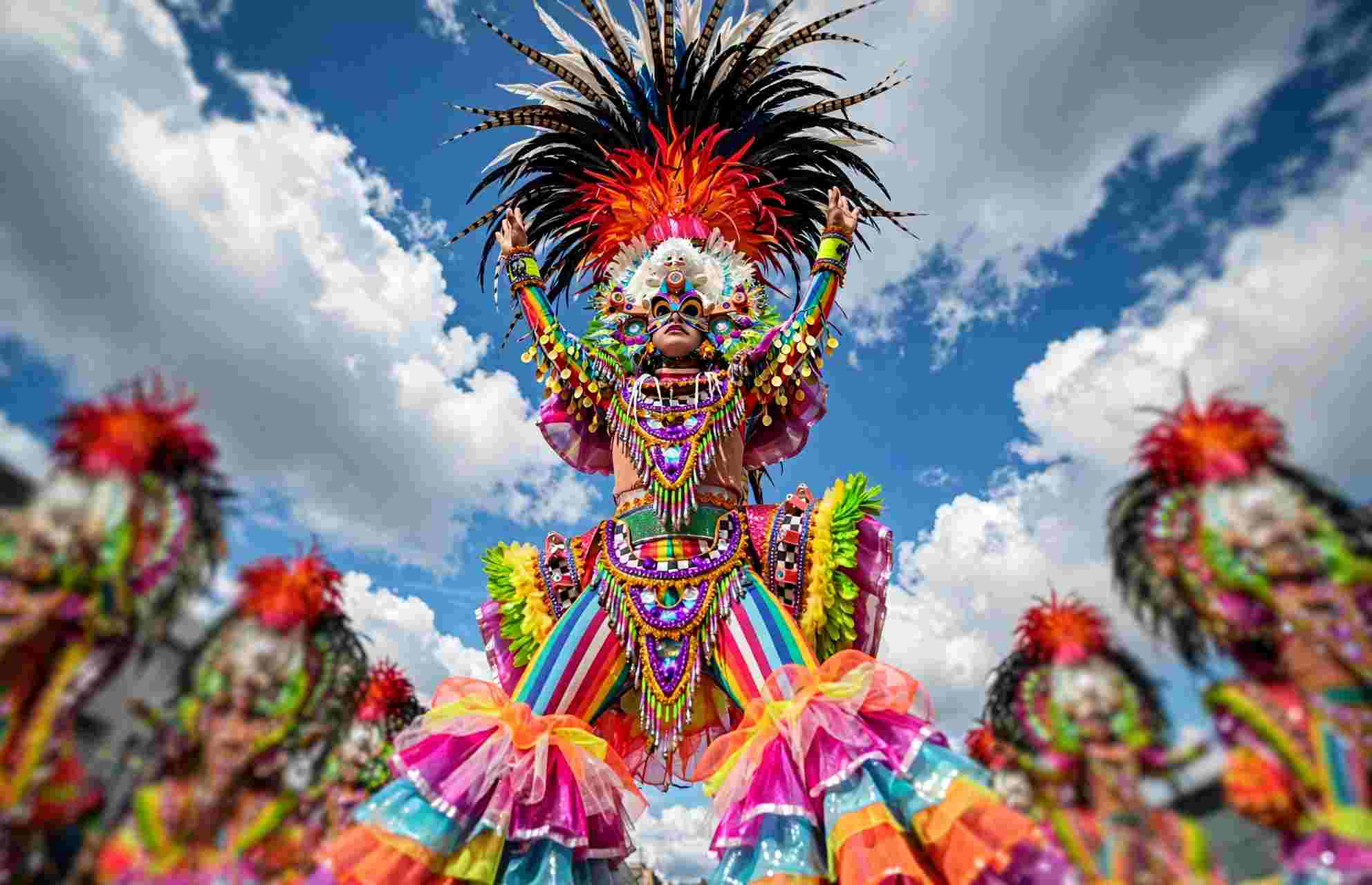 A MassKara street dancer in a feathered headdress, a colorful mask and a rainbow costume, arms raised against a bright blue sky
