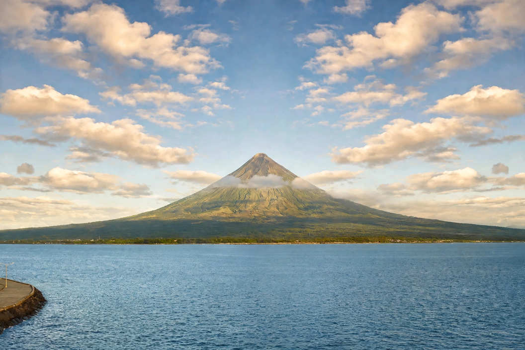 Cone of Mayon Volcano with a ring of cloud below the summit, seen across Albay Gulf from a seawall in Legazpi under a partly cloudy sky