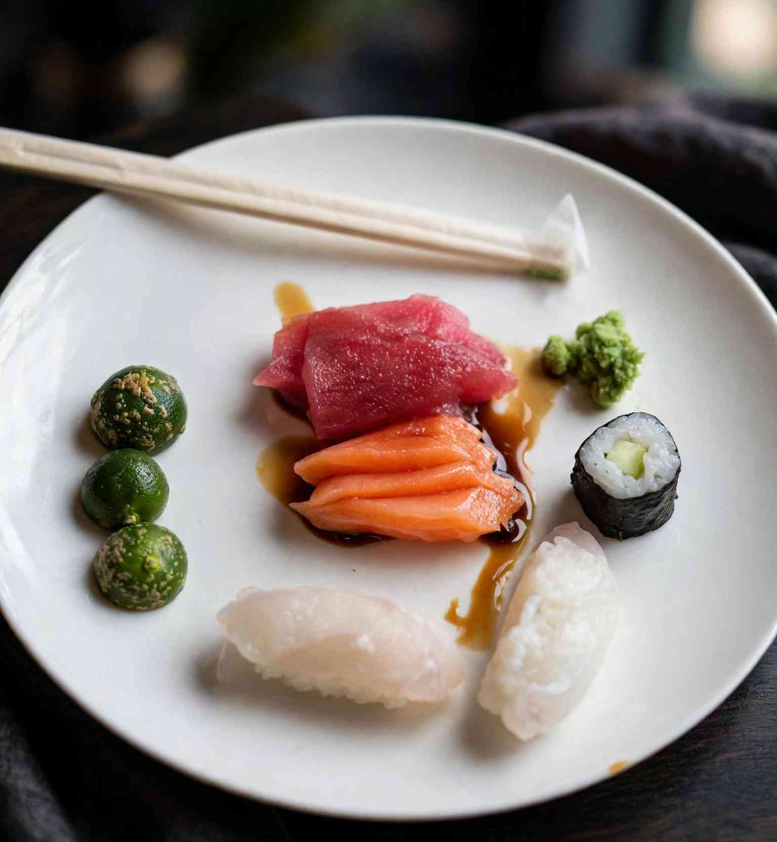 Plate of tuna and salmon sashimi, nigiri and a cucumber maki with calamansi halves and wasabi