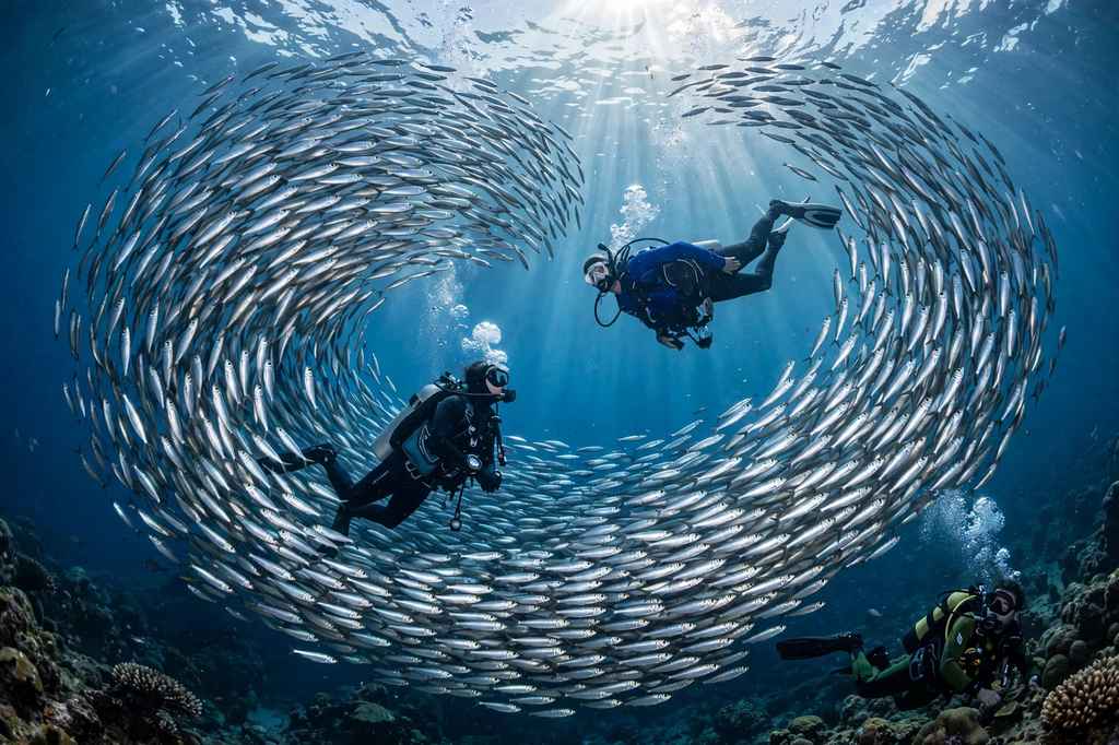 Divers swimming among a swirling school of sardines, the kind of scene that draws visitors to Moalboal, Cebu