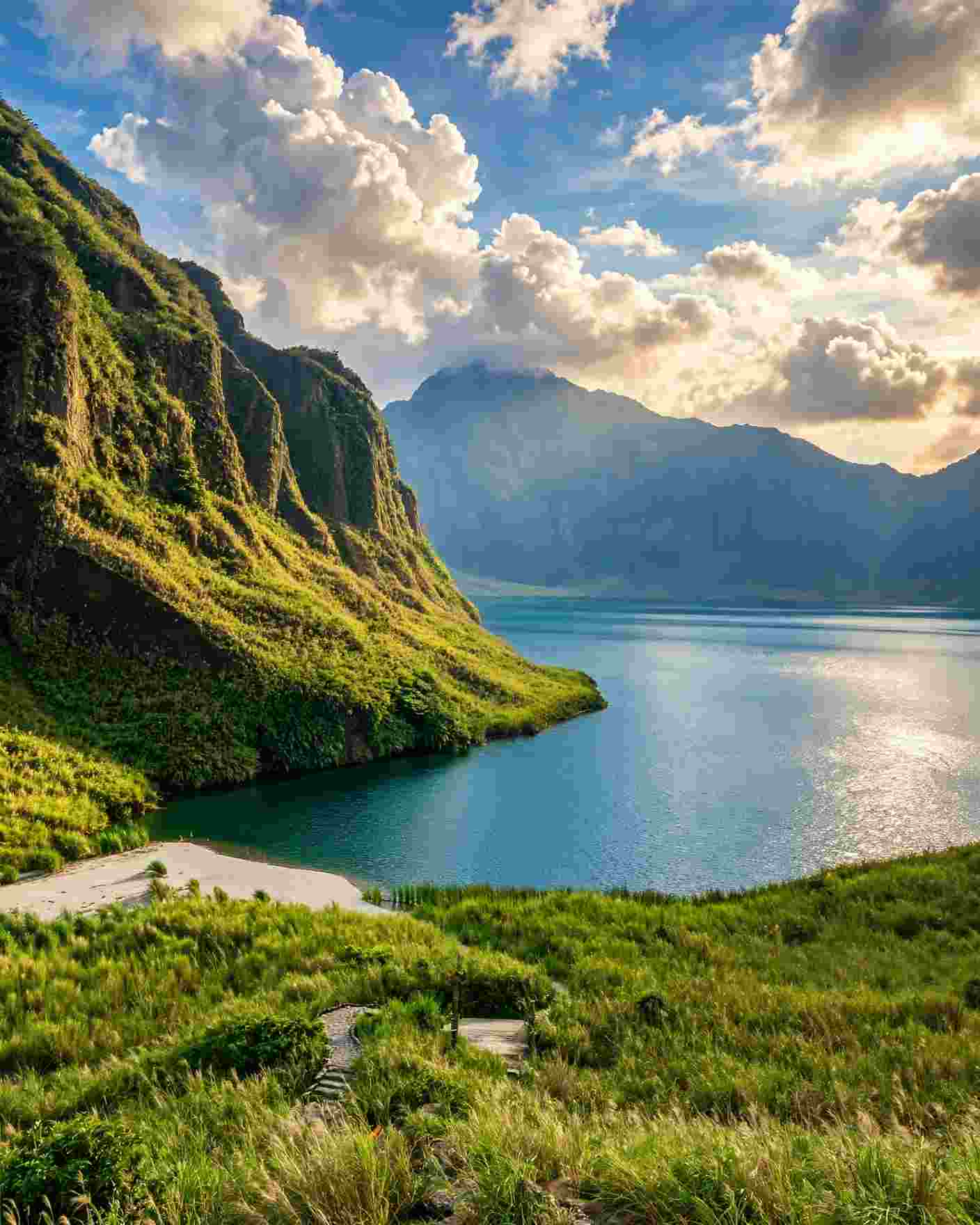 Turquoise crater lake under cumulus clouds, with steep green cliffs on one side and a shadowed mountain ridge beyond