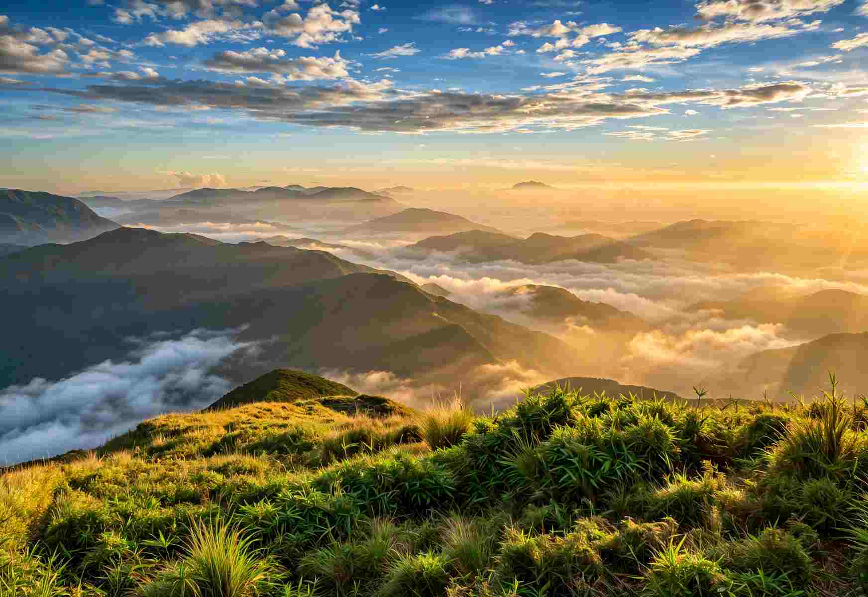 Sunrise over a grassy ridge with low cloud filling the valleys below, a view like a sea of clouds