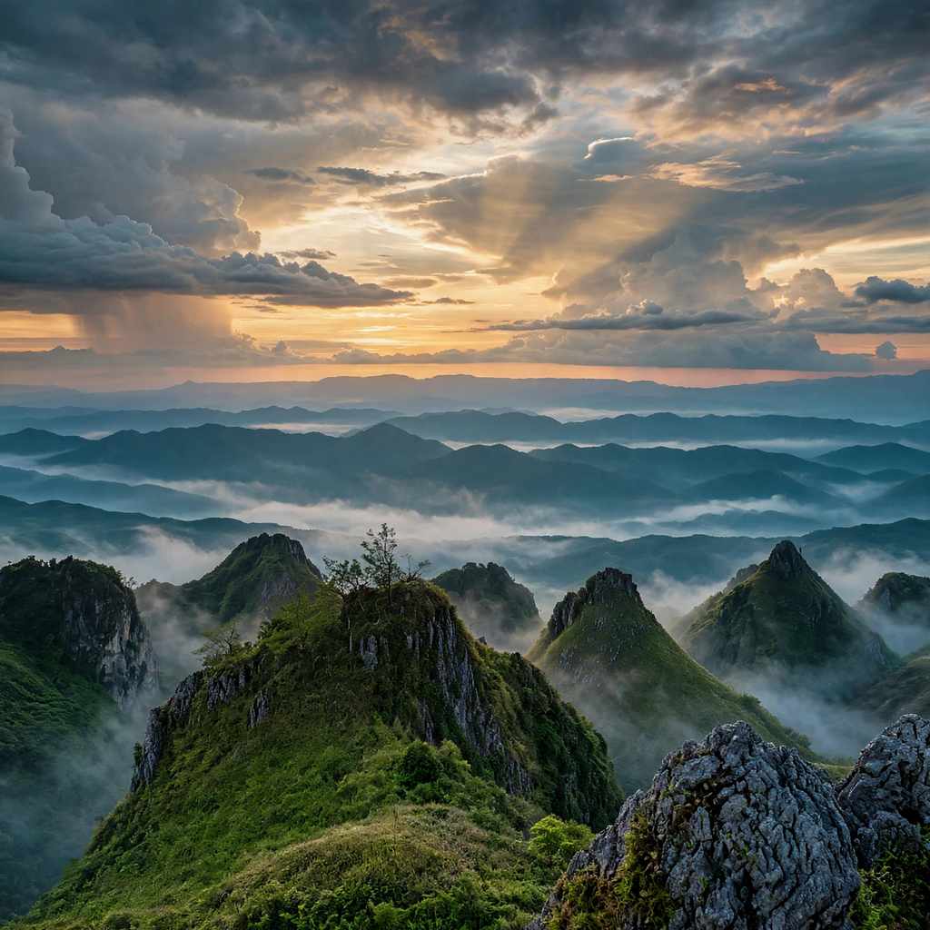 Sharp green limestone peaks and drifting cloud below Osmeña Peak in southern Cebu
