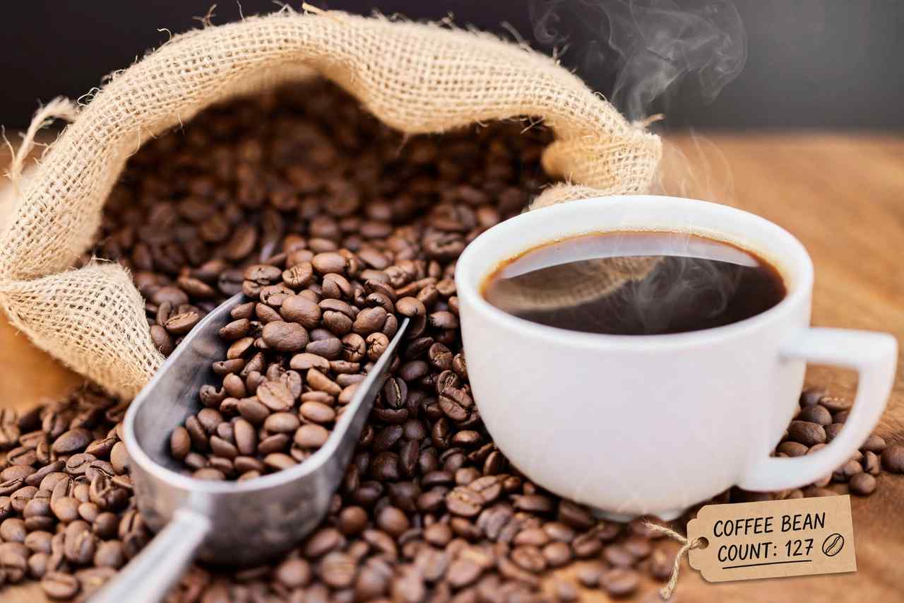 Roasted coffee beans spilling from a burlap sack beside a steaming cup of black coffee