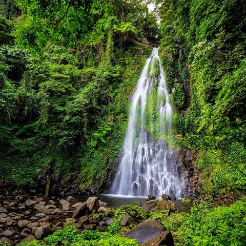 Pondol Falls in Biliran, a slender waterfall dropping through a fern-covered green gorge into a rocky pool