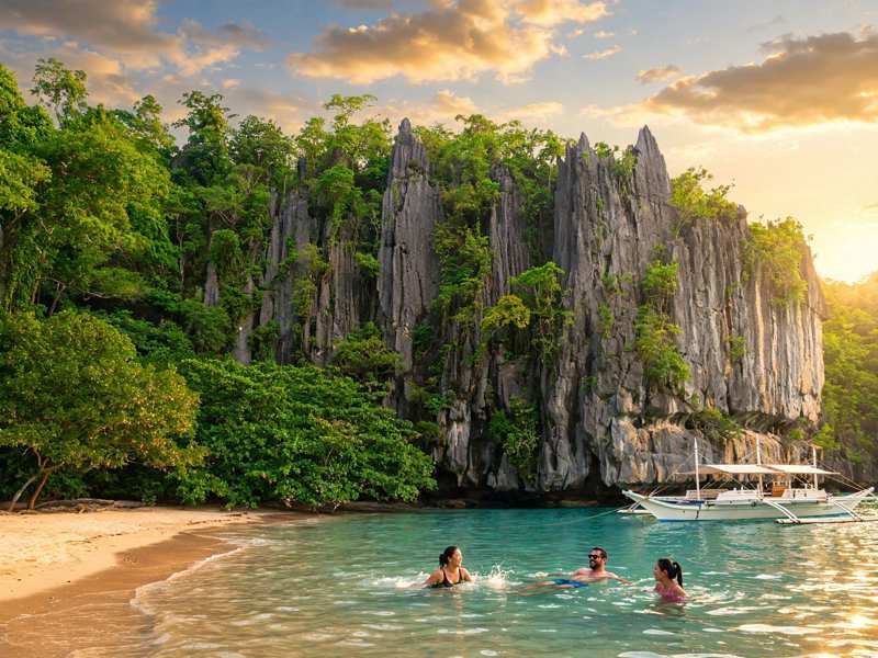 Three swimmers in turquoise water beside a white outrigger boat below tall limestone cliffs covered in green forest on the Palawan coast at sunset