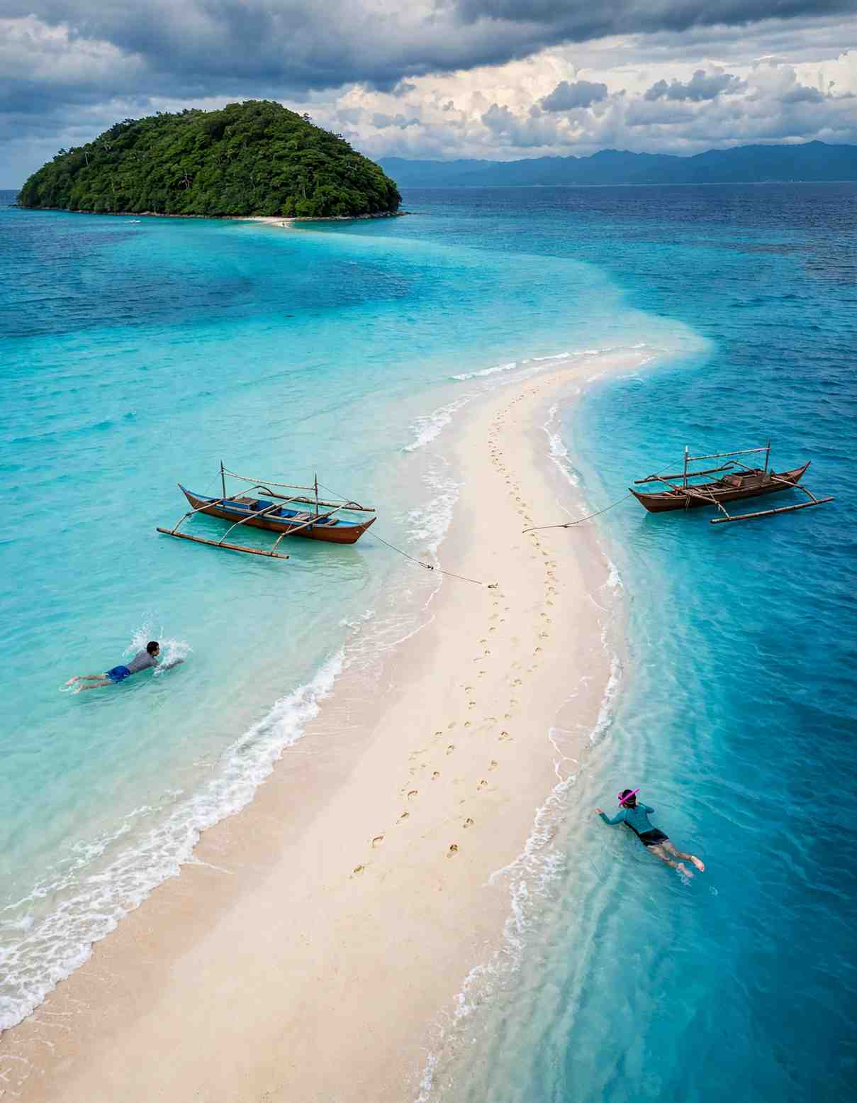 Aerial view of a curving white sandbar running toward a small forested island, with two outrigger boats anchored in turquoise water and two swimmers either side