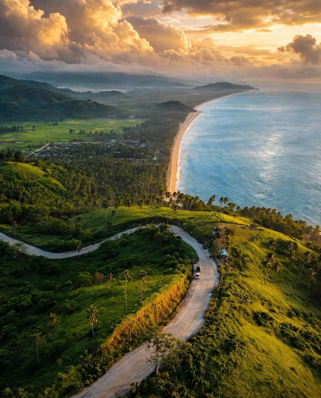 Aerial view at sunset of a long pale beach curving along calm blue sea, with a winding road, green hills and coconut palms in the foreground