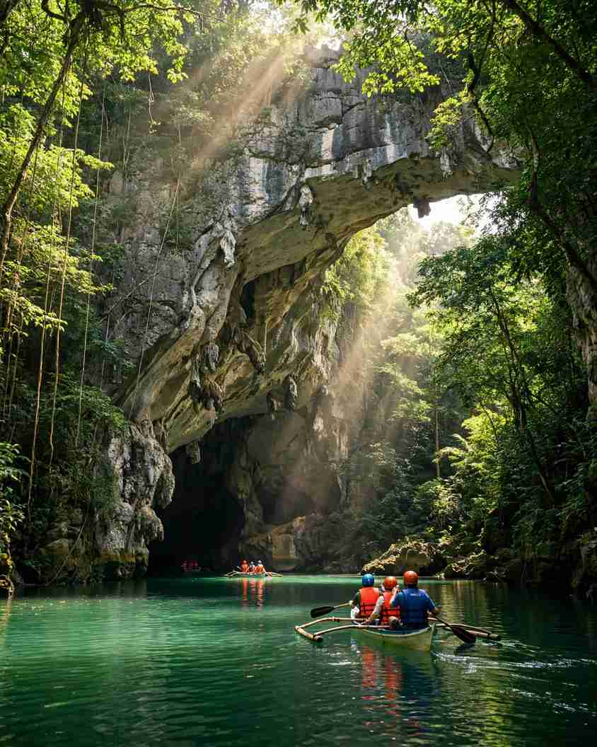 Kayakers in orange life vests paddle on green river water toward a huge limestone arch and cave mouth in Samar, with sunbeams breaking through the jungle canopy