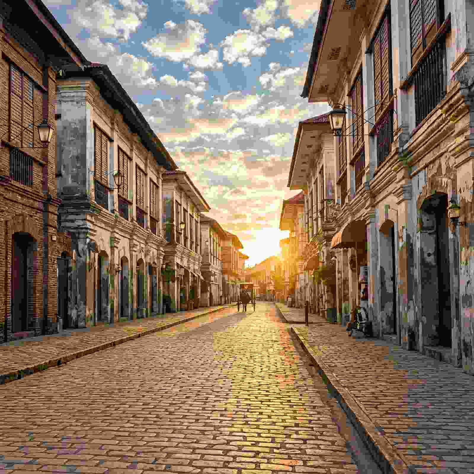 Cobblestoned Calle Crisologo in Vigan at sunset, with lit ancestral houses along both sides and a horse-drawn kalesa far down the street